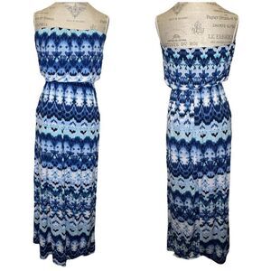 Three Pink Hearts Strapless Printed Maxi Dress Blue White Medium